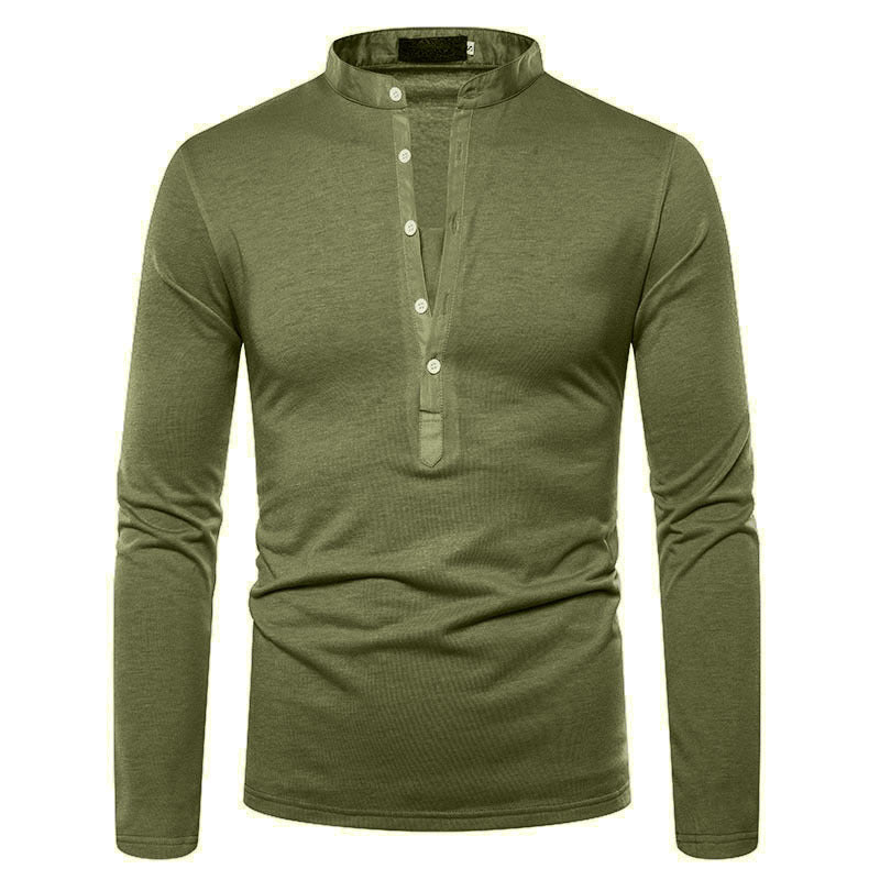 Men's Solid Color Deep V Stand Up Collar Long Sleeved Slim Shirt